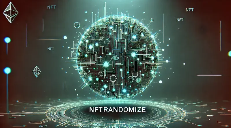 A futuristic digital art scene featuring a glowing spherical structure with abstract lines and neon-like elements, representing a digital network or NFT theme. The word "NFTrandomize" is displayed at the bottom.