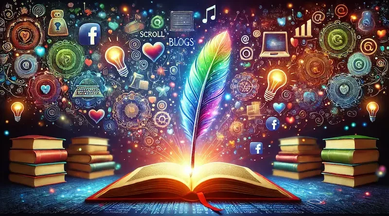 A vibrant illustration of an open book with a glowing quill, surrounded by books and icons representing knowledge and creativity, with 'scrollblogs' in the corner.