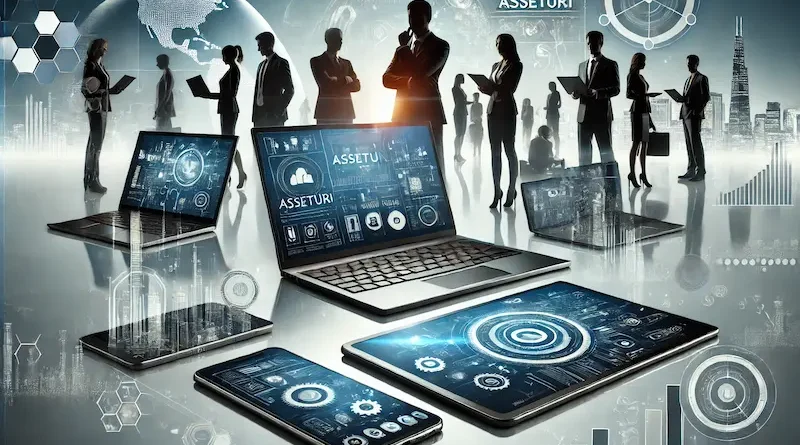 A futuristic business technology scene featuring laptops, smartphones, and tablets with digital interfaces, surrounded by silhouettes of business professionals against a city skyline. The word "Asseturi" is displayed on one of the devices.