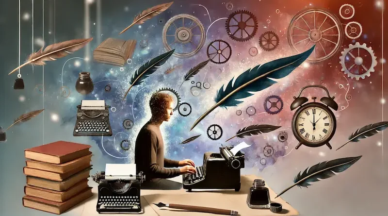 An artistic depiction of a writer surrounded by books, typewriters, floating quills, and gears, symbolizing creativity and imagination.