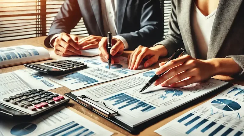 Two business professionals analyzing financial charts and data at a desk, using pens to discuss figures on a clipboard. A calculator is nearby for calculations.