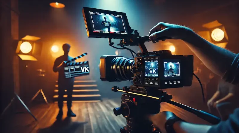 A cinematic scene in a dimly lit studio with a professional video camera focused on a clapperboard, set against blue and purple lighting.