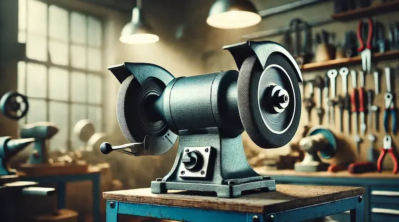 A close-up of a high-powered bench grinder in a workshop, mounted on a blue stand with a grinding wheel.