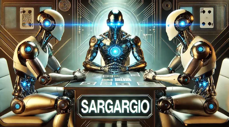 Three futuristic robots sitting around a table, with one in the center having glowing blue eyes and advanced armor. The other two robots have sleek metallic designs in silver and gold, with a dramatic light shining behind them. The table features cards or futuristic objects.