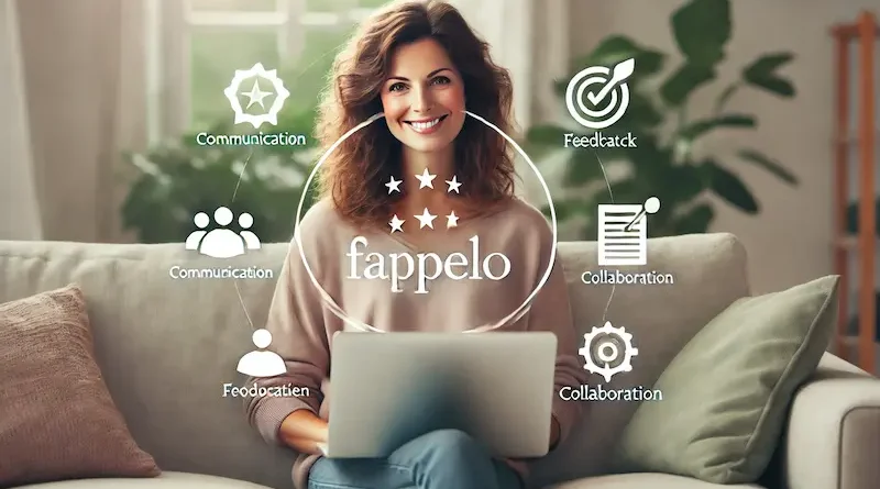 A smiling woman seated on a couch with a laptop, surrounded by icons for communication, feedback, and collaboration, with the brand name 'Fappelo' above.