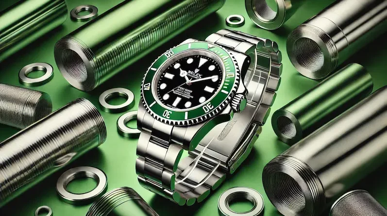 A luxury wristwatch with a green bezel and stainless steel bracelet, displayed on a green background with metallic accents. The watch features a black dial and luminous hour markers, evoking the design of a classic diving watch.