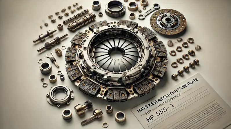 Close-up view of a Hays Kevlar Clutch and Pressure Plate set with various components on display, highlighting the detailed design and high-performance specifications.