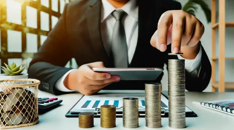 A businessperson in formal attire stacking coins in increasing height on a desk, symbolizing financial growth and investment. The person holds a tablet in the background.