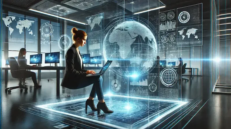 A businesswoman working on a laptop in a futuristic digital environment, surrounded by holographic displays and a glowing virtual globe representing data and global connectivity.