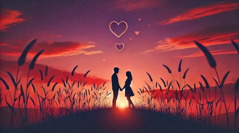 Silhouette of a couple holding hands at sunset in a field, with heart shapes floating above, symbolizing love.