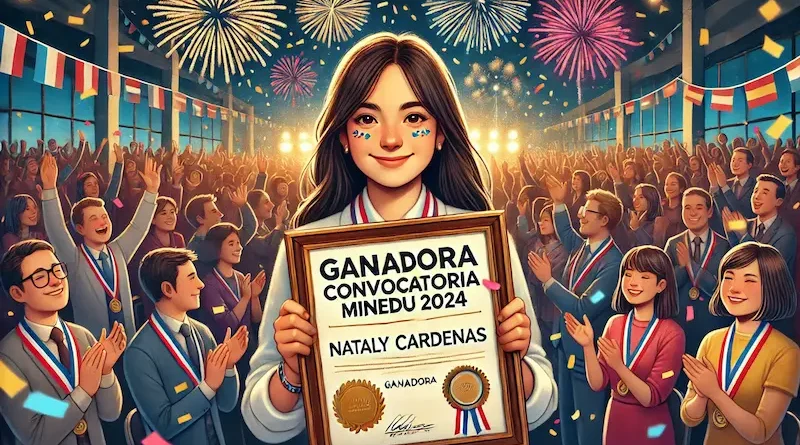 A young woman holding an award certificate with her name in a celebratory setting with a cheering crowd, fireworks, and confetti.