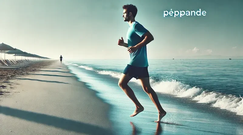 A man jogging barefoot along a sandy beach, wearing a blue t-shirt and shorts, with calm ocean waves in the background. The word "Peppande" is displayed at the top in a simple font.