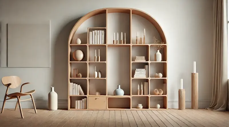 A minimalist wooden arched bookshelf with open shelves, standing against a white wall in a well-lit modern room. Decorative items such as candles, vases, and books are neatly arranged on the shelves.