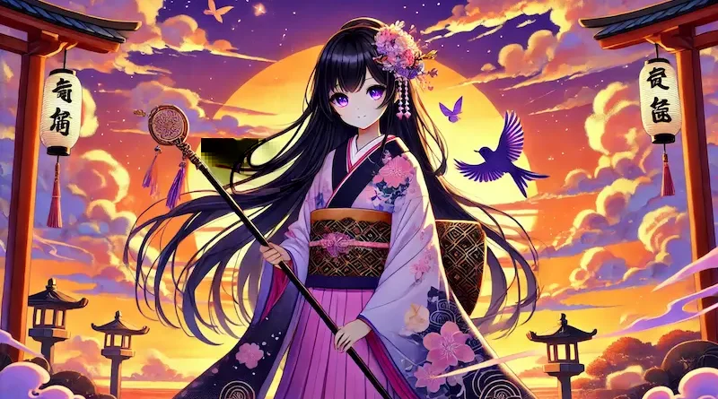 An anime-style girl with long black hair in a traditional Japanese kimono standing against a sunset, holding an intricately designed staff, with vibrant colors of orange, purple, and pink in the sky.