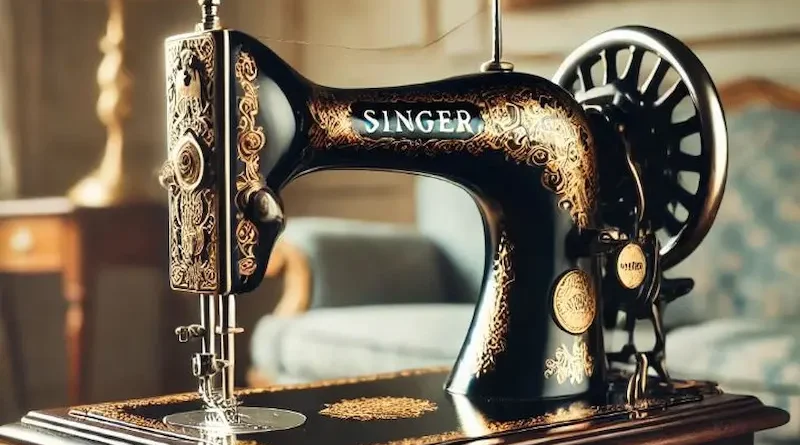 A vintage black sewing machine with intricate gold detailing, featuring the 'Singer' brand, placed on a wooden base in an elegant room.