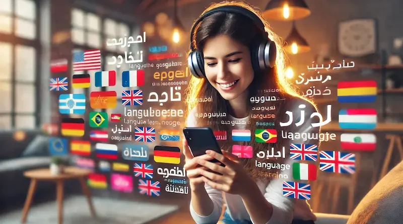 A young woman smiling while using a smartphone, wearing large headphones, surrounded by words in different languages and flags of various countries, representing global language learning.