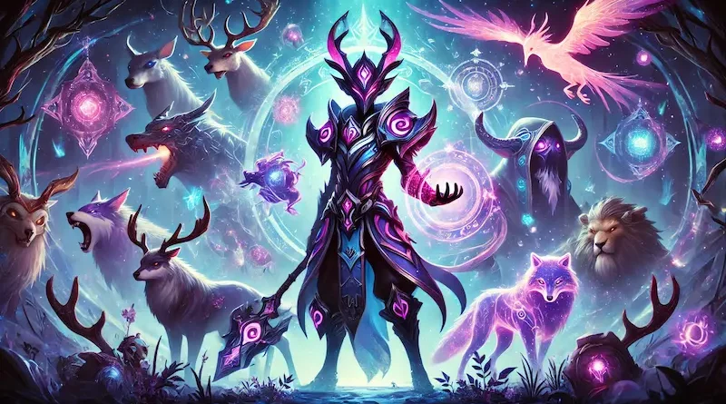 A vibrant fantasy character in glowing armor surrounded by mystical creatures like wolves, deer, and dragons, with a magical backdrop of swirling energy.