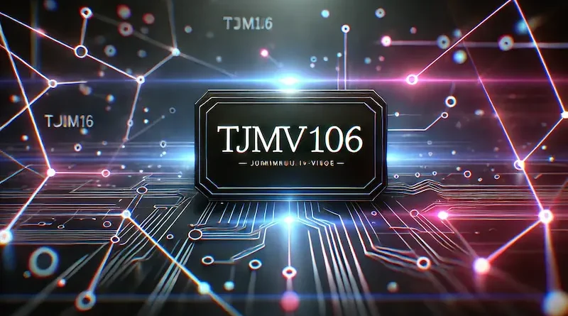 A futuristic digital background with interconnected glowing lines and 'TJMv106' displayed in the center, symbolizing advanced technology.