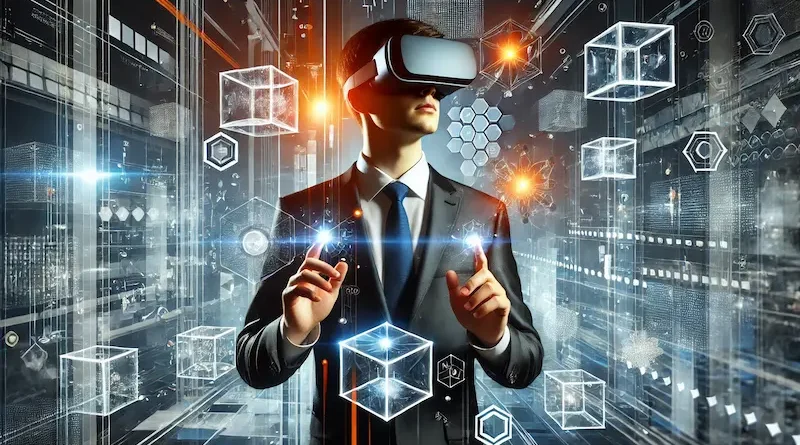 A businessman in a sleek suit wearing a virtual reality headset, interacting with holographic cubes and digital shapes in a futuristic virtual environment, illuminated with blue and orange lights.