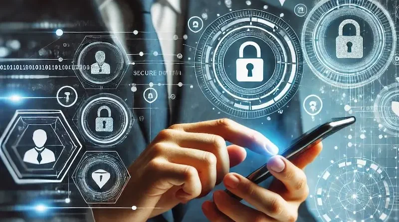 A close-up of a businessperson using a smartphone with floating digital security icons, including a phone symbol and a lock, representing secure communication and data protection.