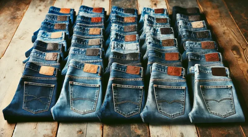 A row of different pairs of blue jeans neatly lined up on a rustic wooden surface, showcasing various shades from dark to light wash with visible leather patches on the back.