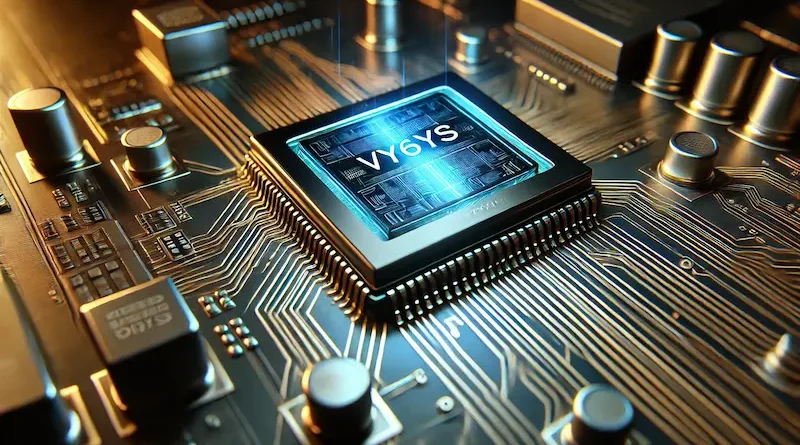 A close-up of a glowing blue microchip labeled "Vy6ys" on a circuit board, surrounded by intricate golden lines and components representing advanced technology.