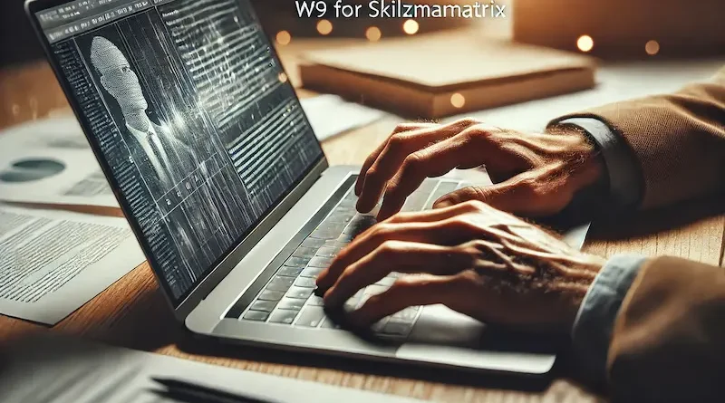 A close-up of a person's hands typing on a laptop keyboard in an office environment, with the text 'w9 for skilzmatrix' displayed at the top left.