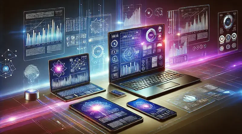 A futuristic digital workspace with a laptop, tablet, and smartphone displaying data charts and code, all connected through glowing data streams.