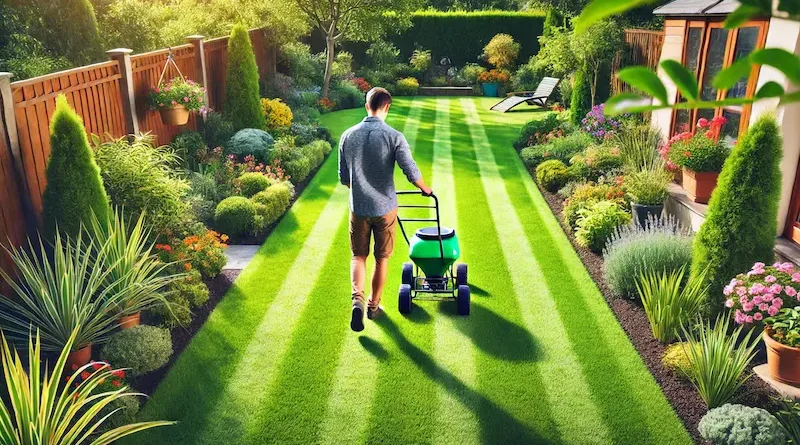 Person fertilizing a well-maintained lawn with a green spreader, surrounded by vibrant plants and neatly mowed grass with striped patterns.