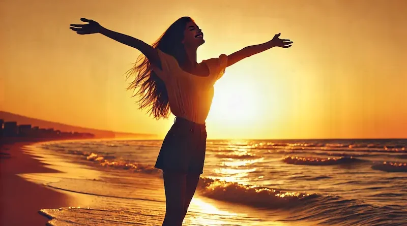 A silhouette of a happy woman with arms stretched out standing near the shore during a golden sunset.