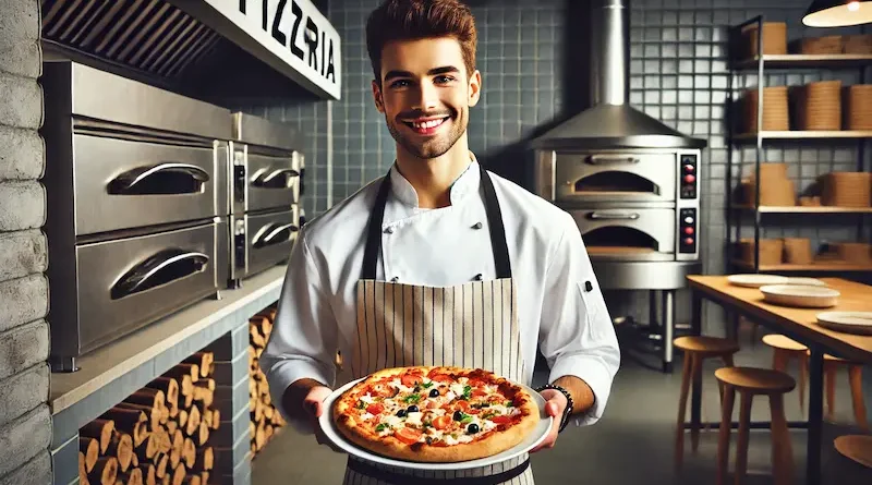 A smiling chef holding a freshly made pizza in a modern pizzeria kitchen with ovens in the background.