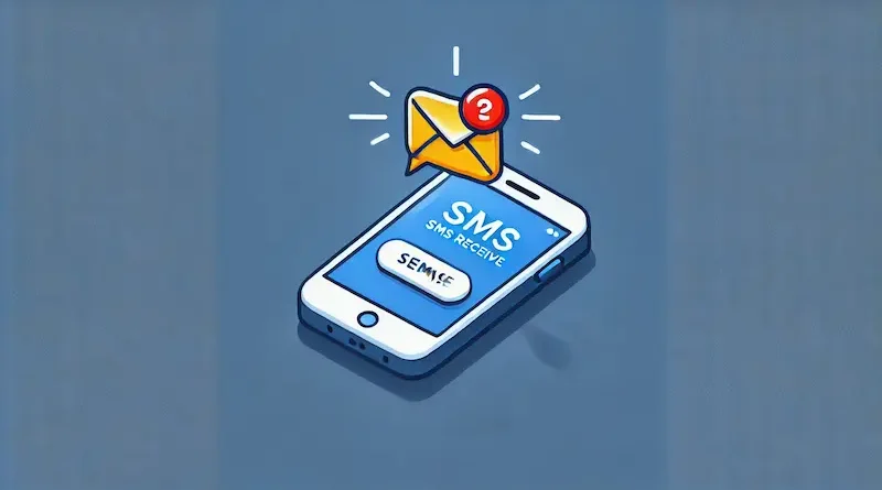 An illustration of a smartphone displaying a new SMS notification. A yellow envelope icon with a red alert appears on the screen, signaling an incoming message.