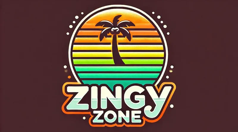 A tropical-themed logo featuring a palm tree with a sunset gradient background of orange, yellow, and green stripes, and the words "Zingy Zone" in a bold, playful font.