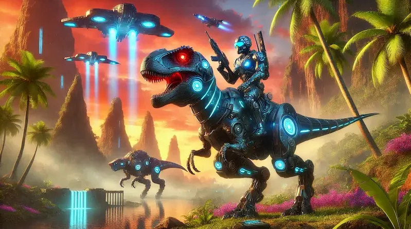 A futuristic warrior riding a mechanical dinosaur through a vibrant tropical landscape, with glowing red eyes and advanced technology.