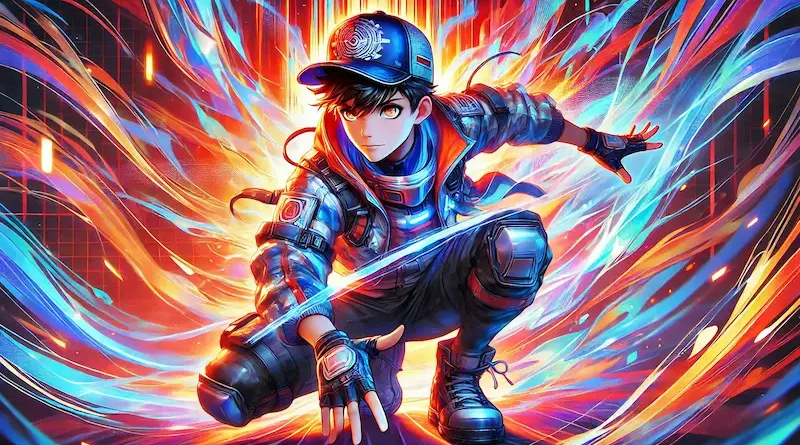 A vibrant anime-style character in a dynamic crouching pose, wearing futuristic armor and a cap. The character is surrounded by swirling energy waves in fiery reds, oranges, and blues, giving a powerful sense of movement.