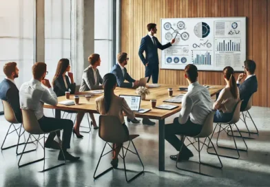 A professional meeting setting with a group of businesspeople sitting around a wooden table. One person stands at a whiteboard giving a presentation, while others listen attentively, with laptops, documents, and coffee cups on the table.