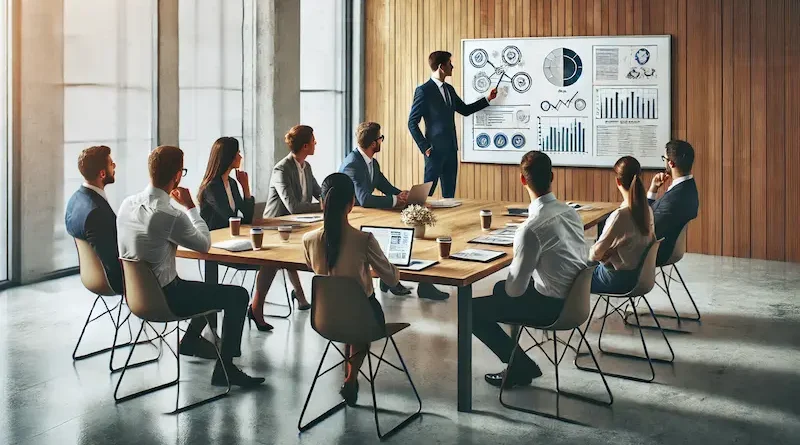 A professional meeting setting with a group of businesspeople sitting around a wooden table. One person stands at a whiteboard giving a presentation, while others listen attentively, with laptops, documents, and coffee cups on the table.