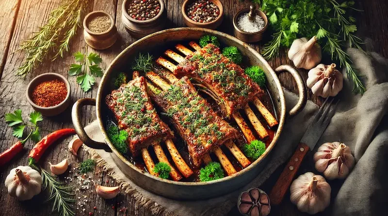 Herb-roasted lamb ribs garnished with parsley, served in a metal pot on a rustic wooden table surrounded by spices and herbs.