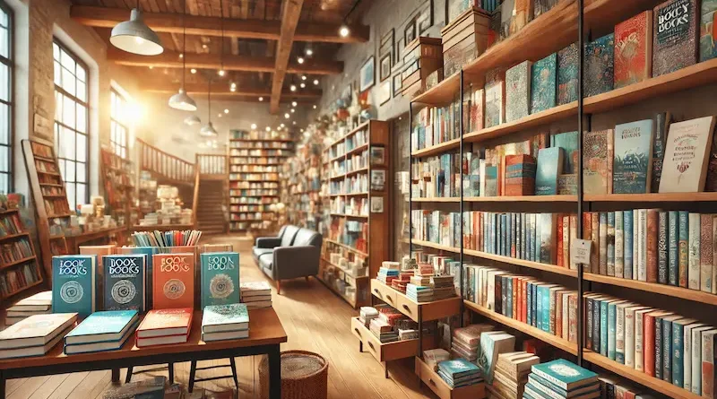 A cozy bookstore interior with shelves filled with a variety of colorful books, arranged neatly. The warm lighting and organized layout create a welcoming and inviting atmosphere, perfect for browsing.