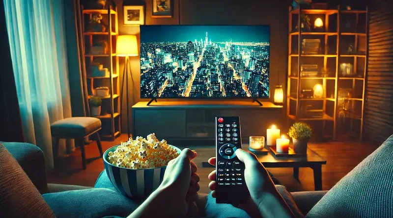 Person relaxing on a couch in a dimly lit room, watching a TV displaying a vibrant cityscape, holding a remote and a bowl of popcorn.