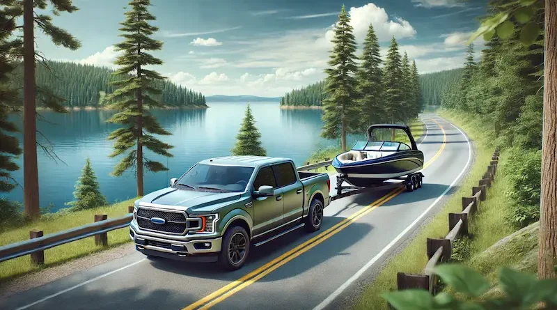 A modern pickup truck towing a boat along a scenic road beside a calm lake. The background is filled with lush green trees under a clear sky, creating a serene and adventurous outdoor setting.