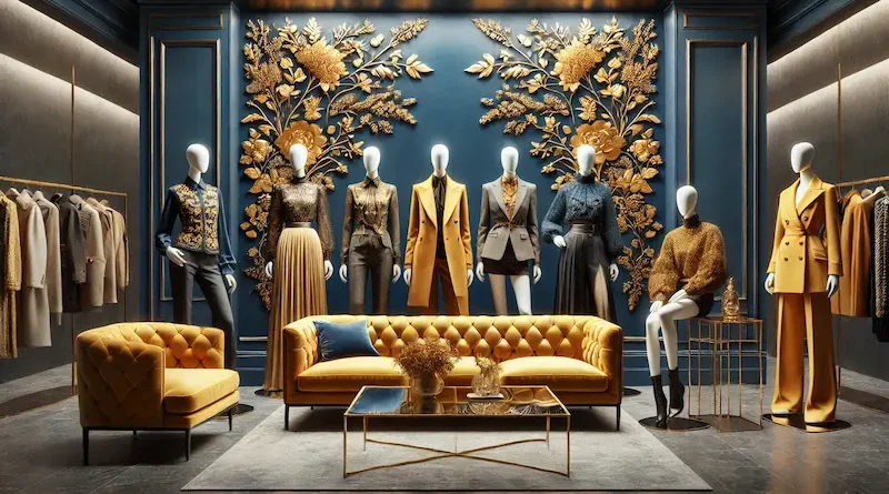 A luxurious fashion boutique display featuring mannequins dressed in stylish outfits, set against a deep blue wall adorned with golden floral decor. Plush mustard-colored sofas and a sleek glass coffee table add sophistication to the scene.