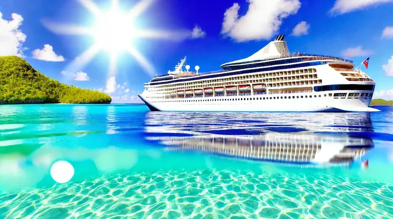 A luxurious cruise ship sailing through clear, turquoise tropical waters with small green islands in the background under a bright, sunny sky.