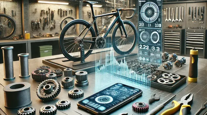 Advanced bike repair workshop with a holographic display of cycling metrics, surrounded by bike components and a smartphone with detailed app data.