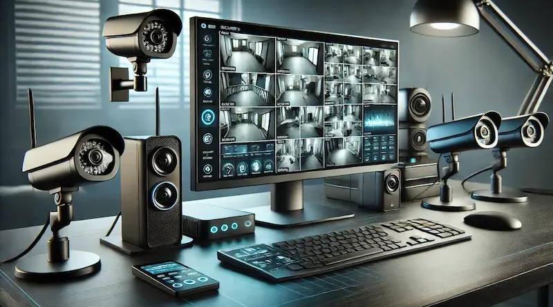 A contemporary home security setup with various surveillance cameras linked to a monitor displaying multiple camera feeds on a well-organized desk, highlighting a futuristic and professional ambiance.