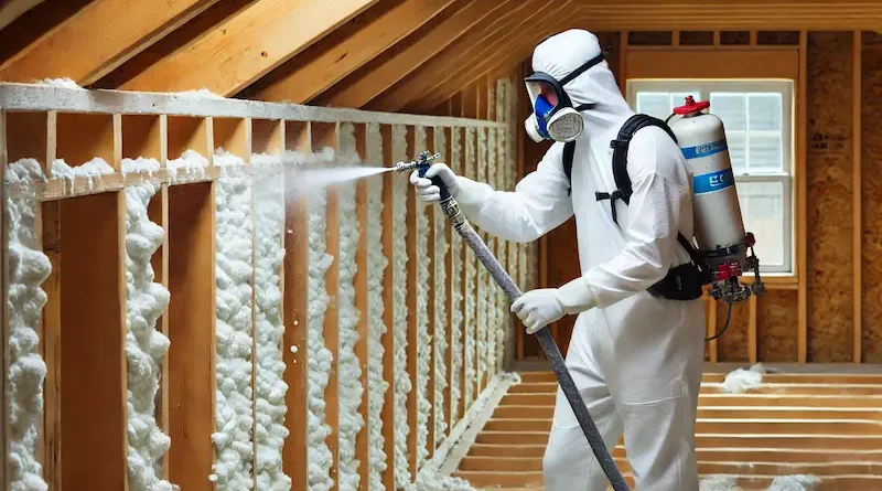 A construction worker in a full protective suit, including a mask and gloves, is applying spray foam insulation on a wooden wall frame. The foam is expanding and filling the gaps between the wooden beams in an unfinished building structure.