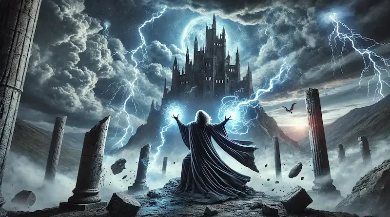 A wizard with flowing robes stands with arms raised, channeling spells amidst a lightning storm, with a dark, towering castle in the background and broken pillars around, in a mystical, stormy setting.